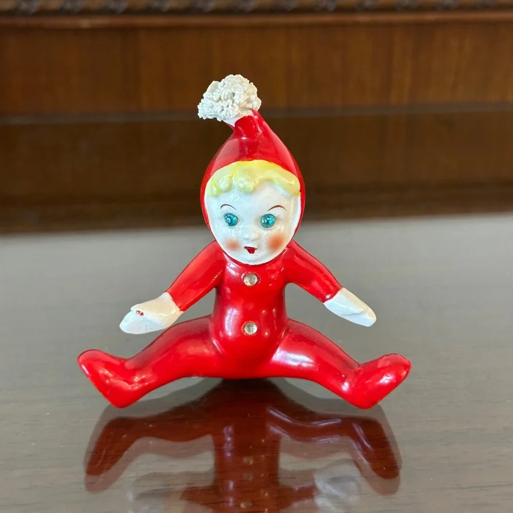 Vintage Ceramic Pixie Elf Pajama Figurine Red Suit Blue Eyes Japan MCM 3.5''